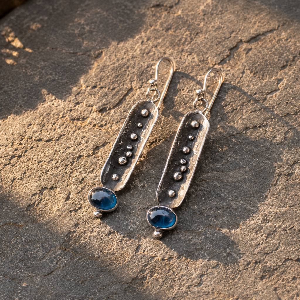 Artisan Sterling Silver & Natural Blue Apatite Dangle Earrings for Women