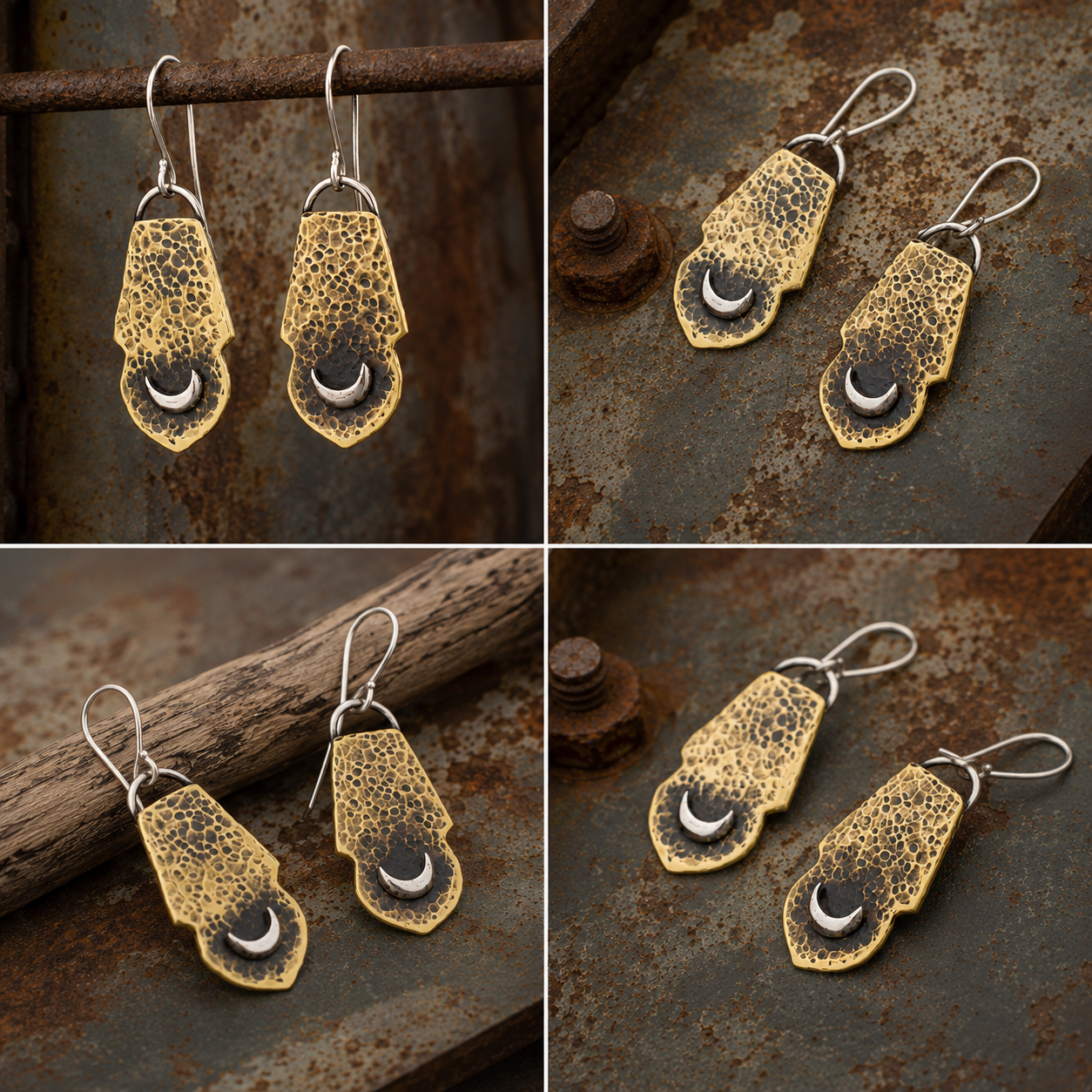 Handmade Hammered Brass & Sterling Silver Earrings