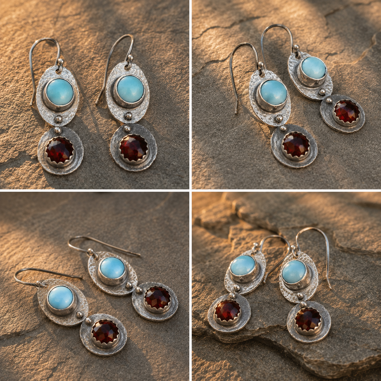 Handcrafted Sterling Silver Larimar & Garnet Earrings