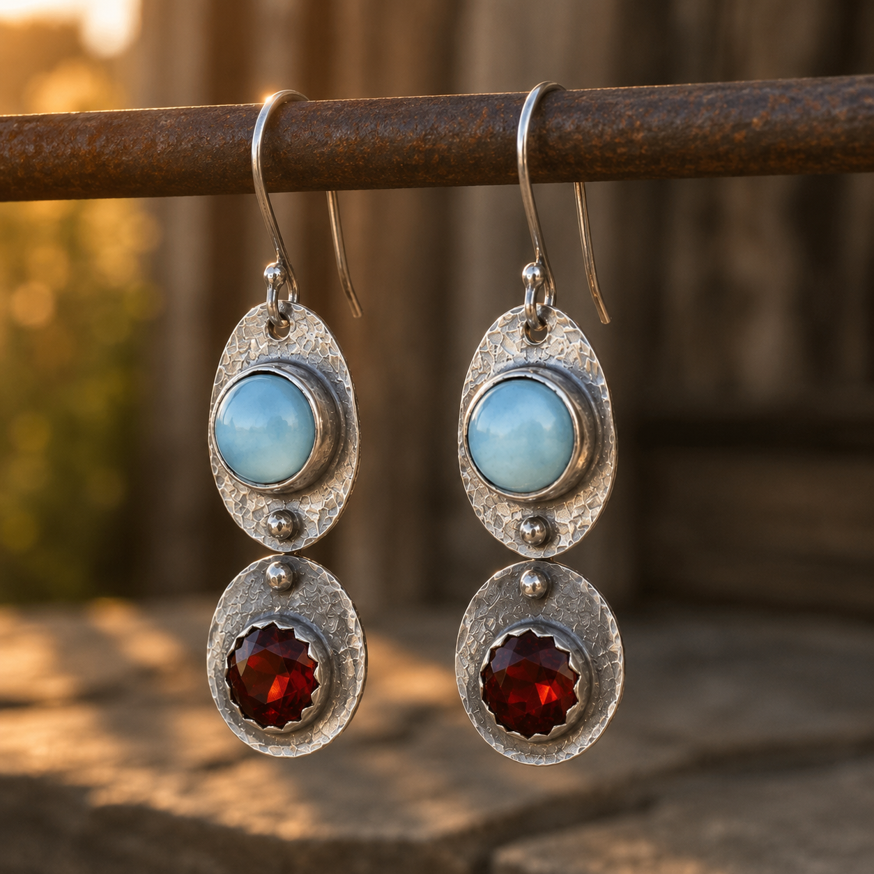 Handcrafted Sterling Silver Larimar & Garnet Earrings