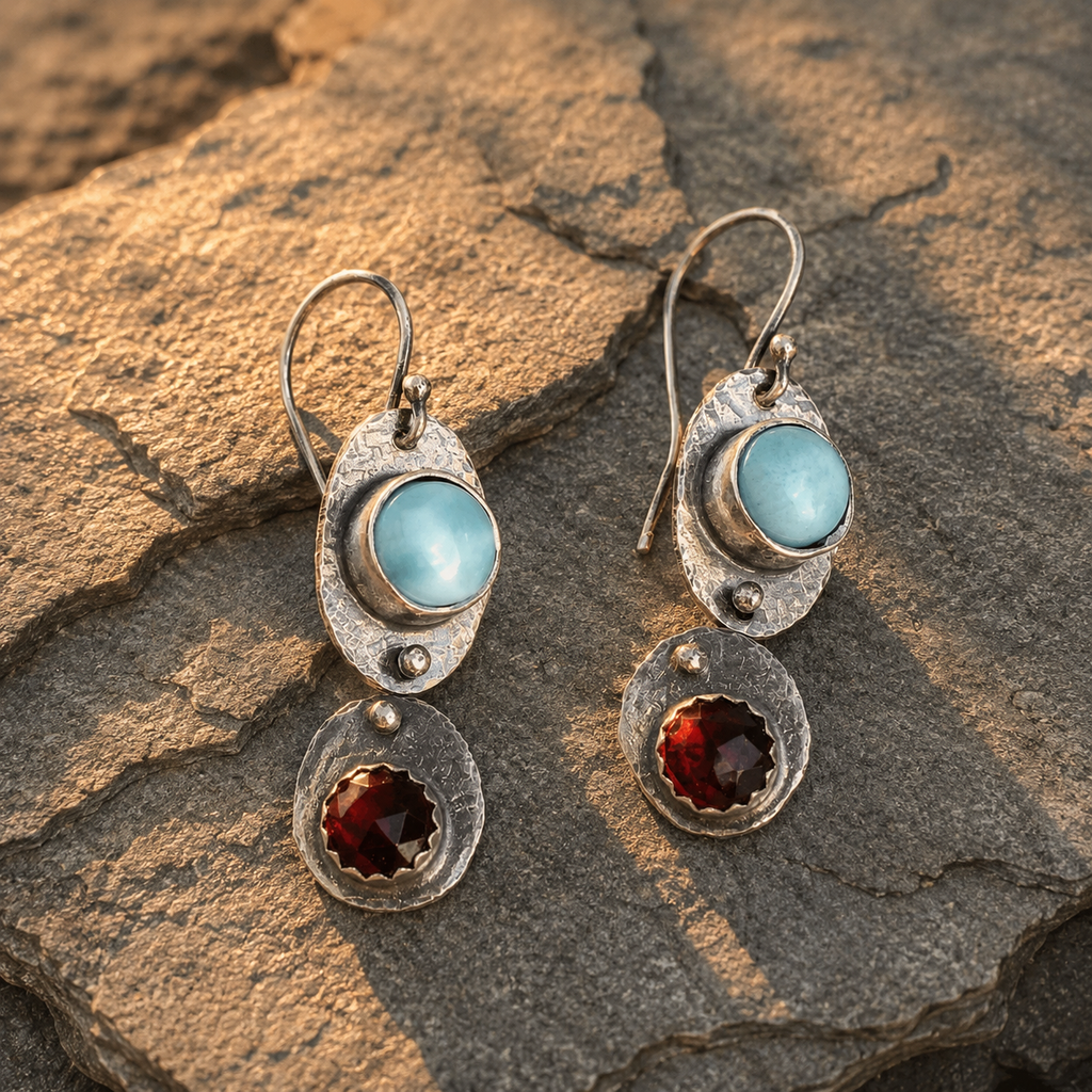 Handcrafted Sterling Silver Larimar & Garnet Earrings