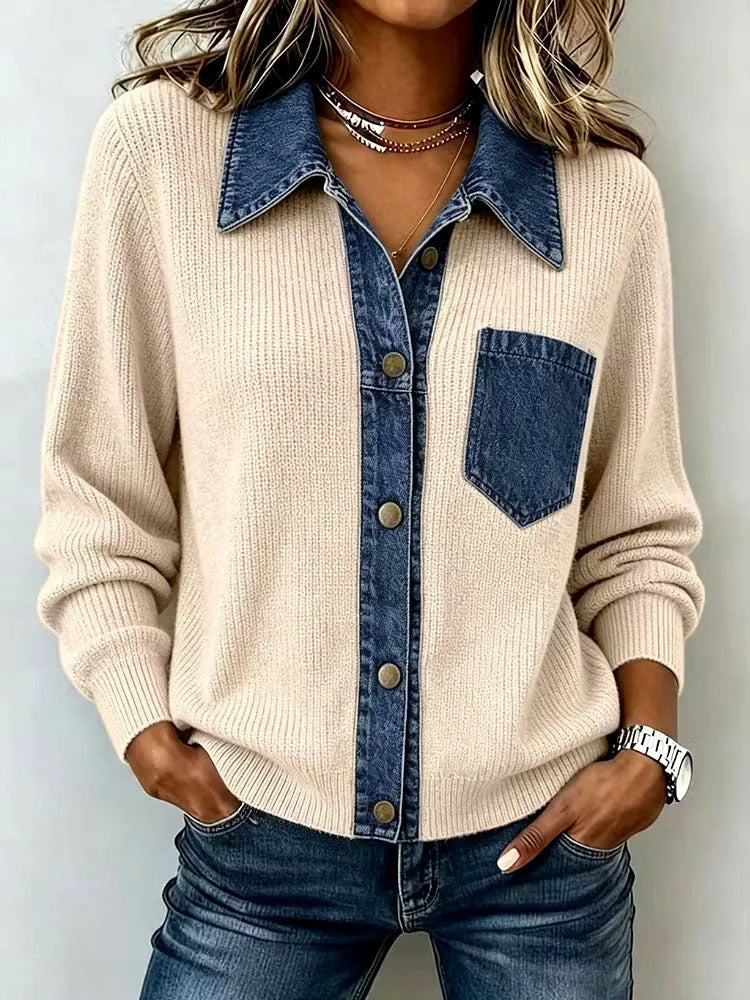 Casual Denim Pocket Knit Tops