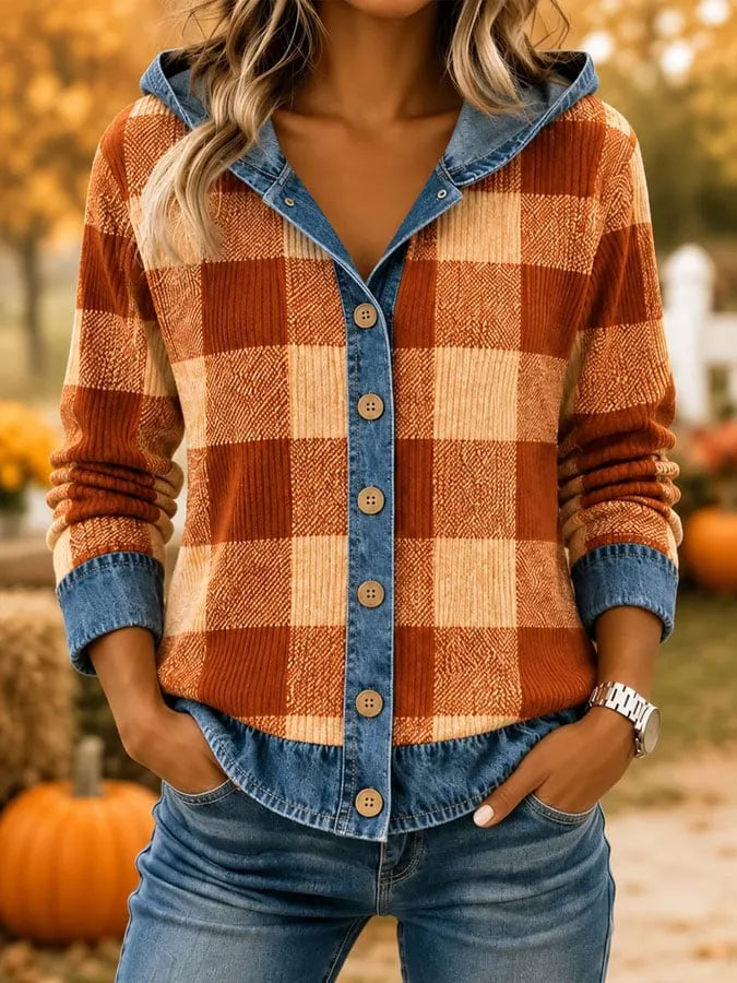 Women's Autumn Artistic Plaid Print Hoodie 