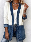 Casual Denim Panel Ribbed Knit Hooded Cardigan