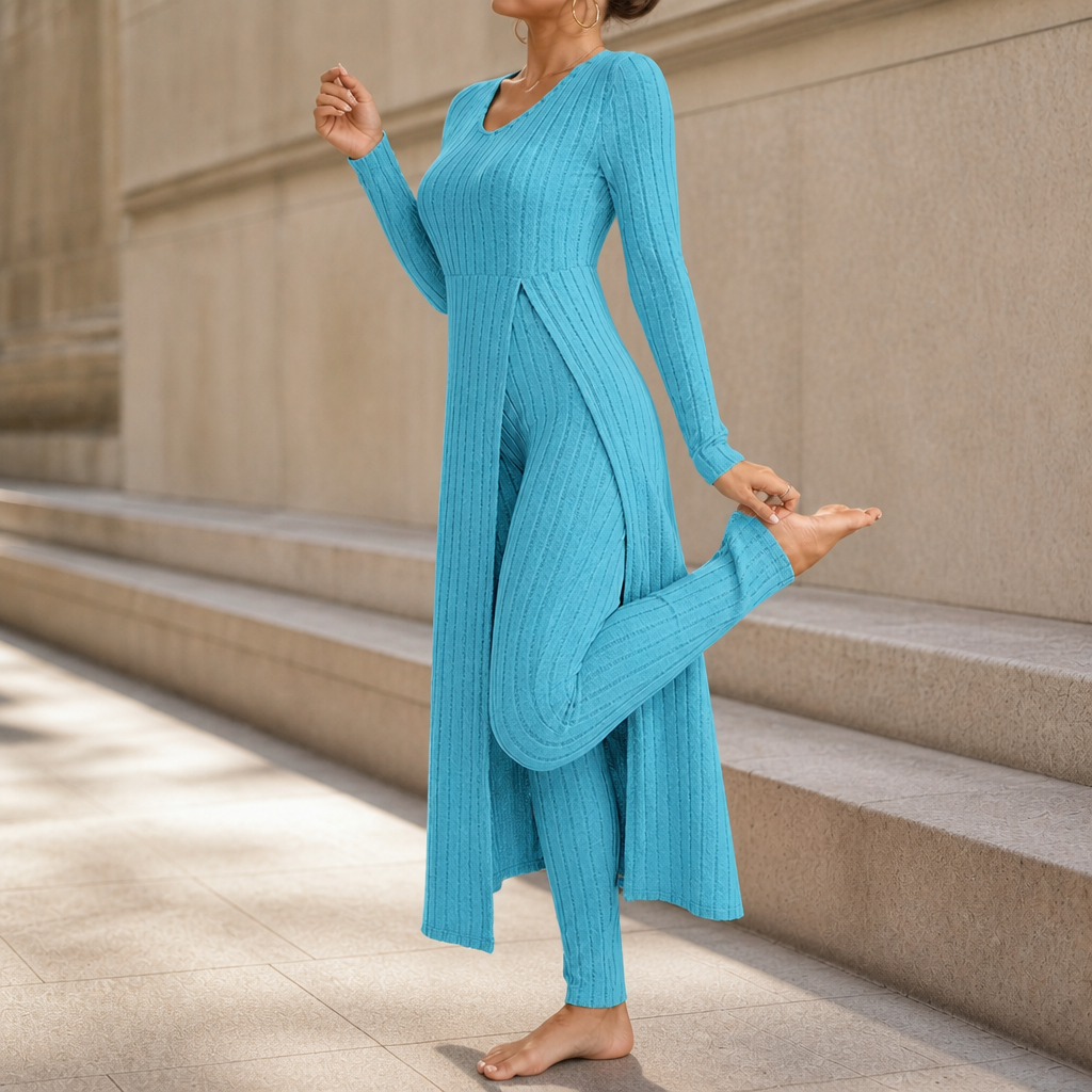 Wearbella – Ribbed Longline Top And Slim Pants Set