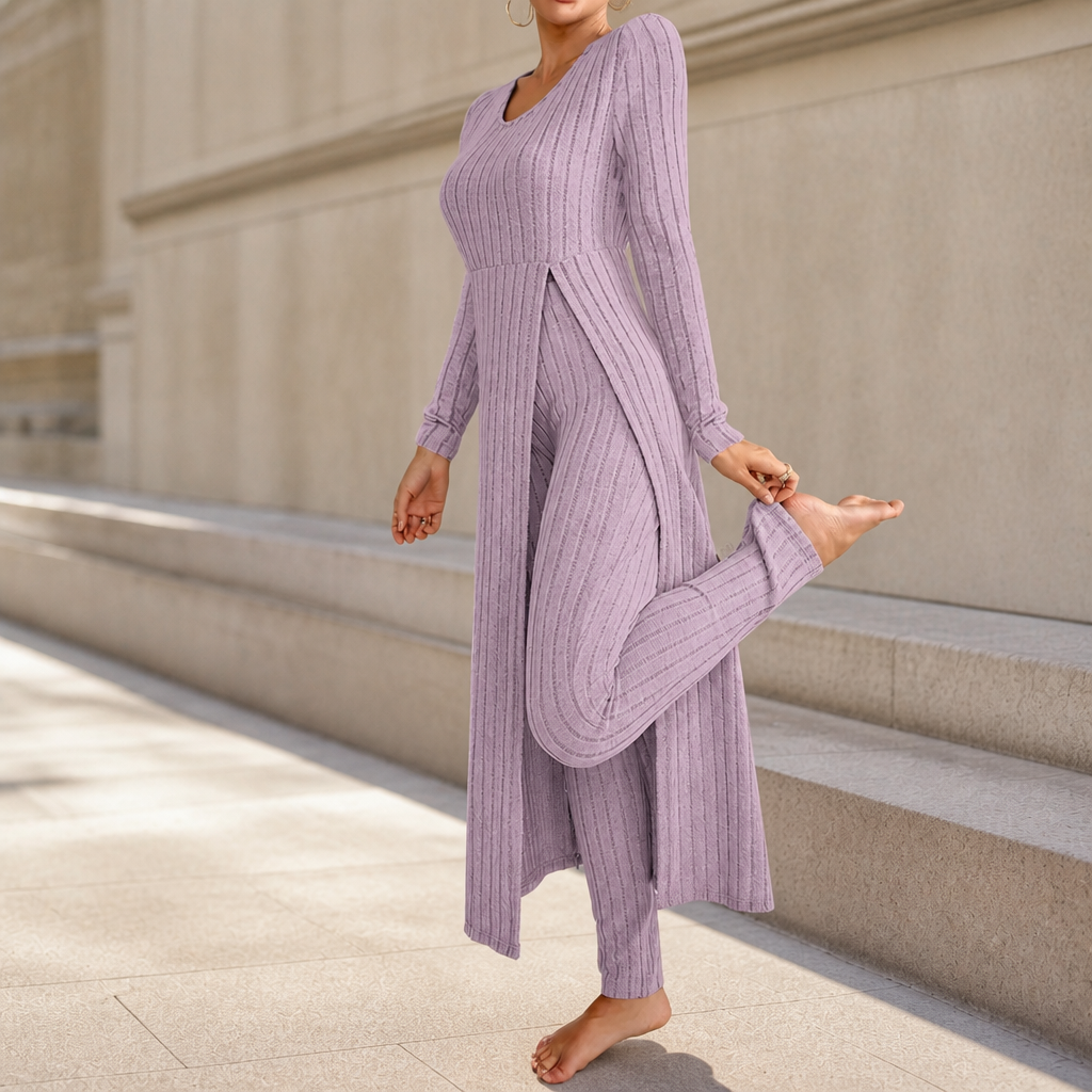 Wearbella – Ribbed Longline Top And Slim Pants Set