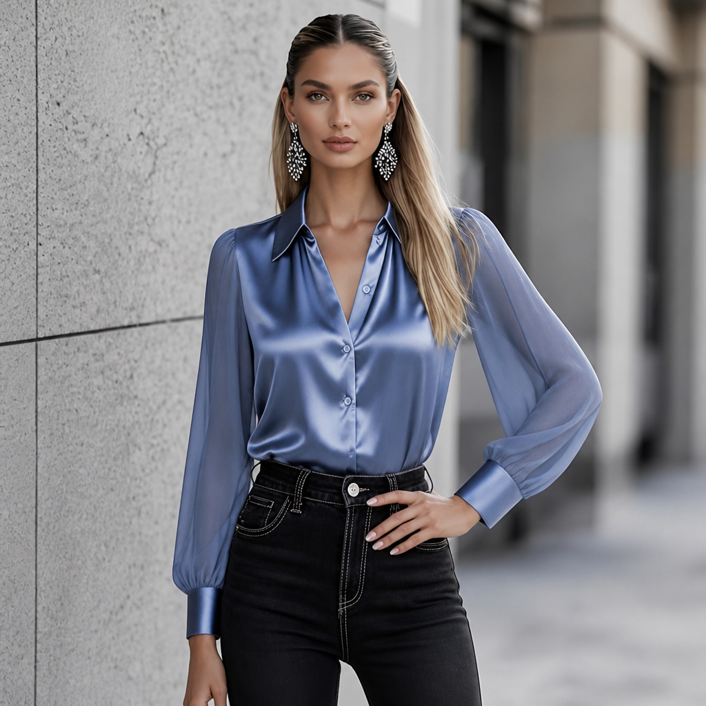 Satina Rose – Satin Chiffon Sheer Sleeve Blouse