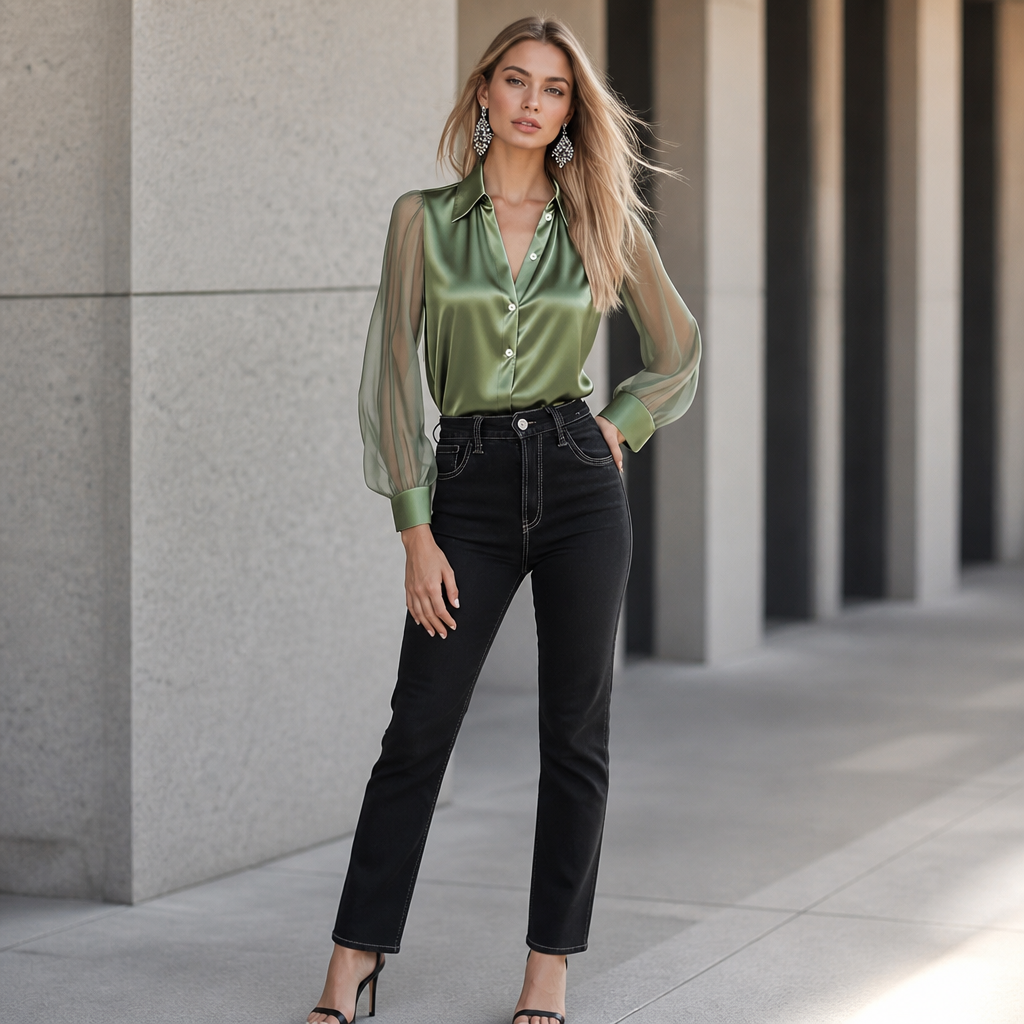Satina Rose – Satin Chiffon Sheer Sleeve Blouse