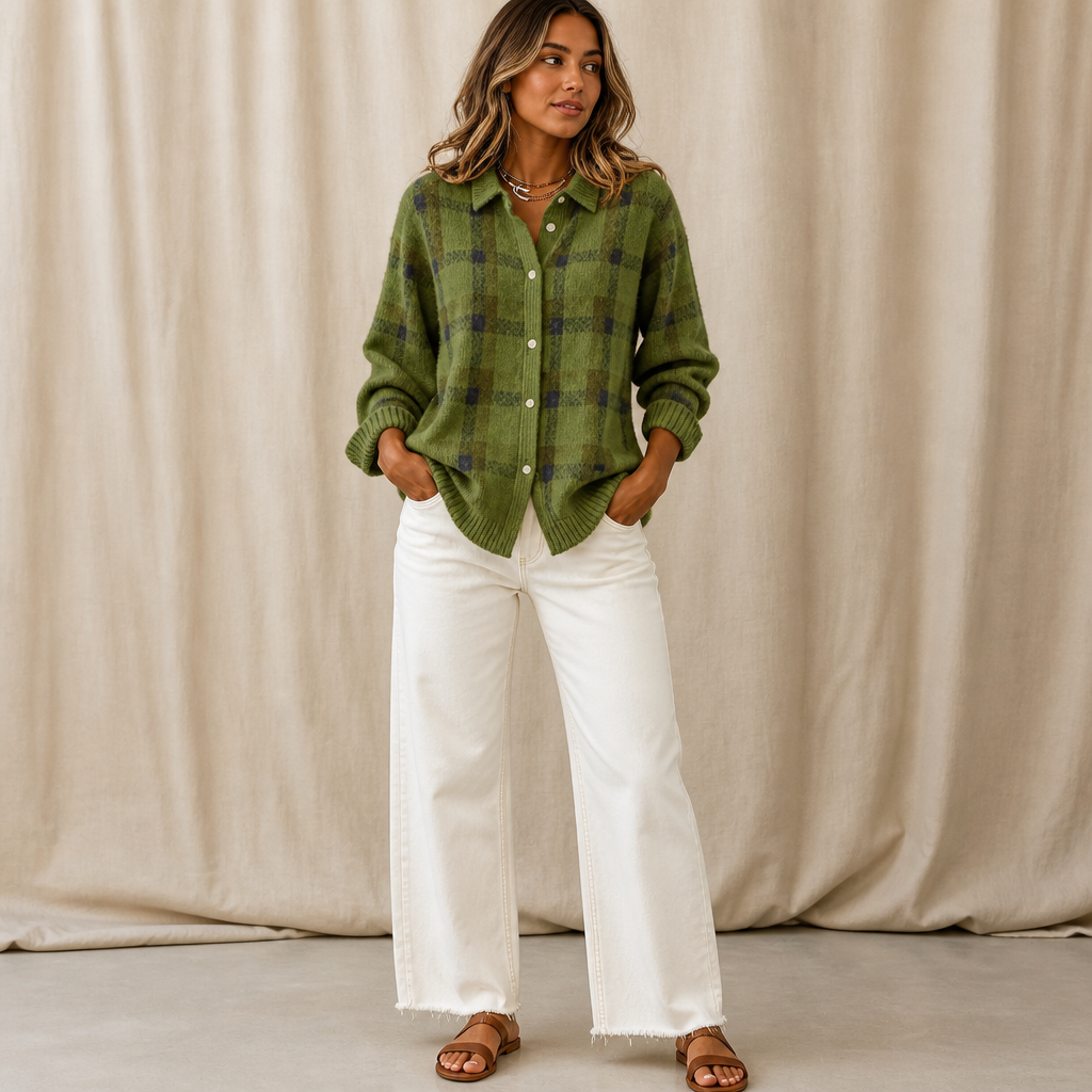 Verawool – Plaid Knit Shirt-Collar Cardigan