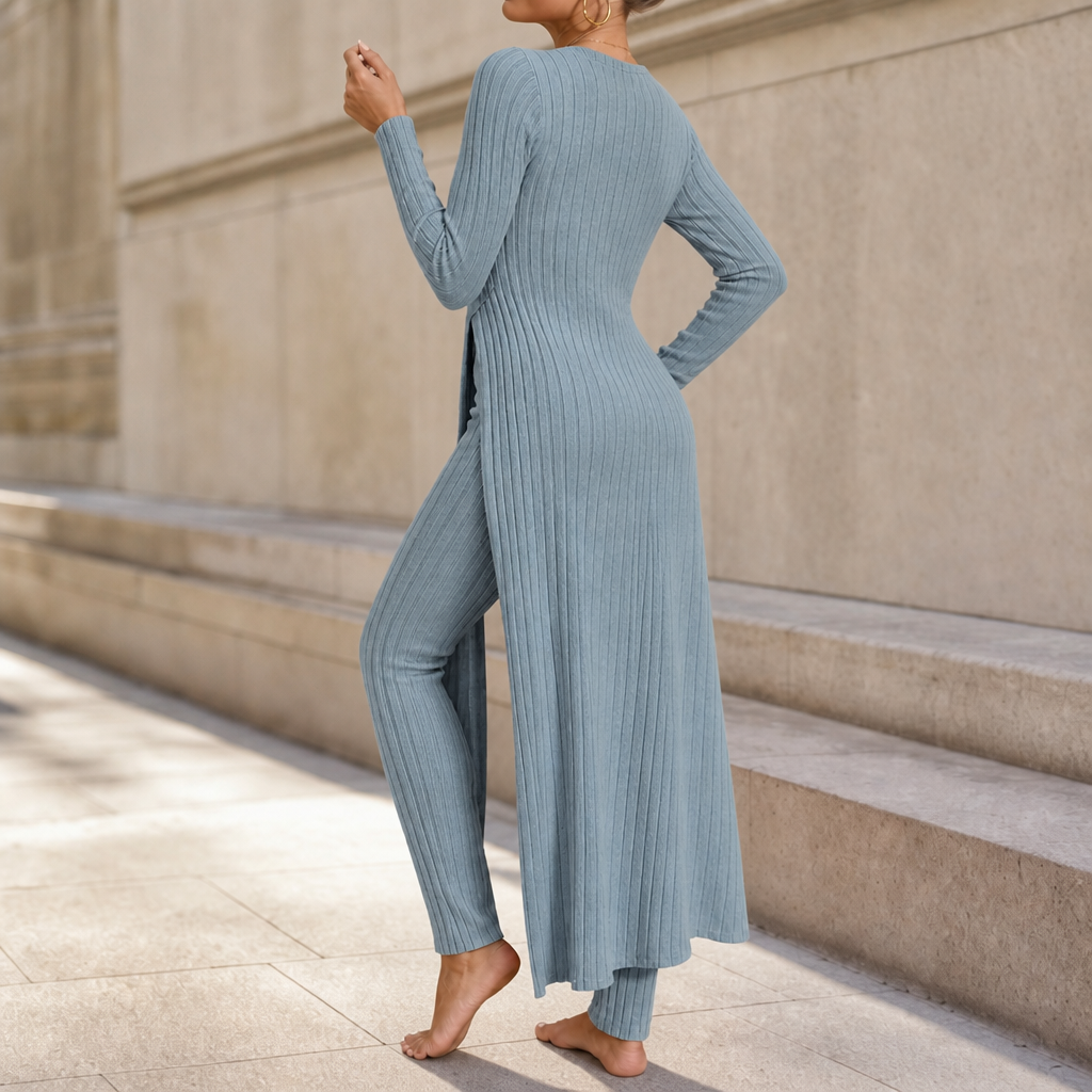 Wearbella – Ribbed Longline Top And Slim Pants Set