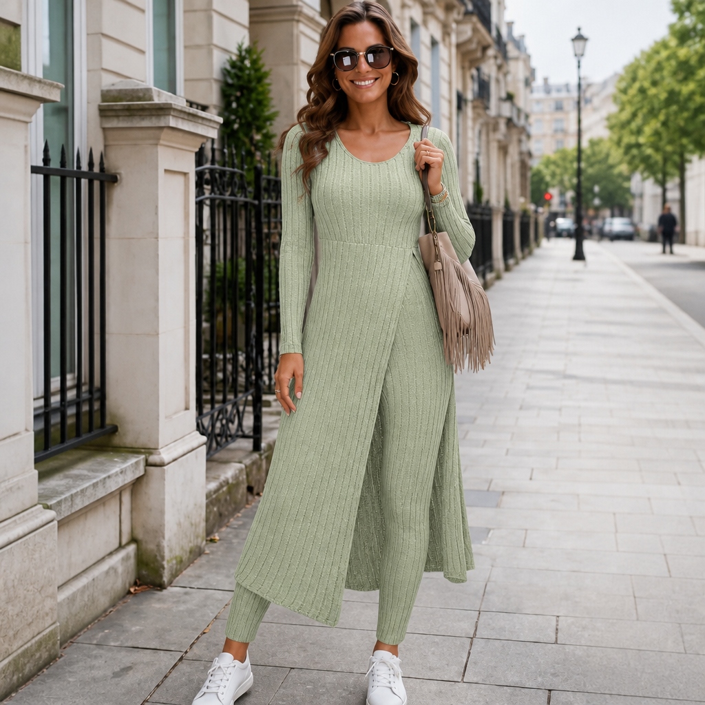 Wearbella – Ribbed Longline Top And Slim Pants Set