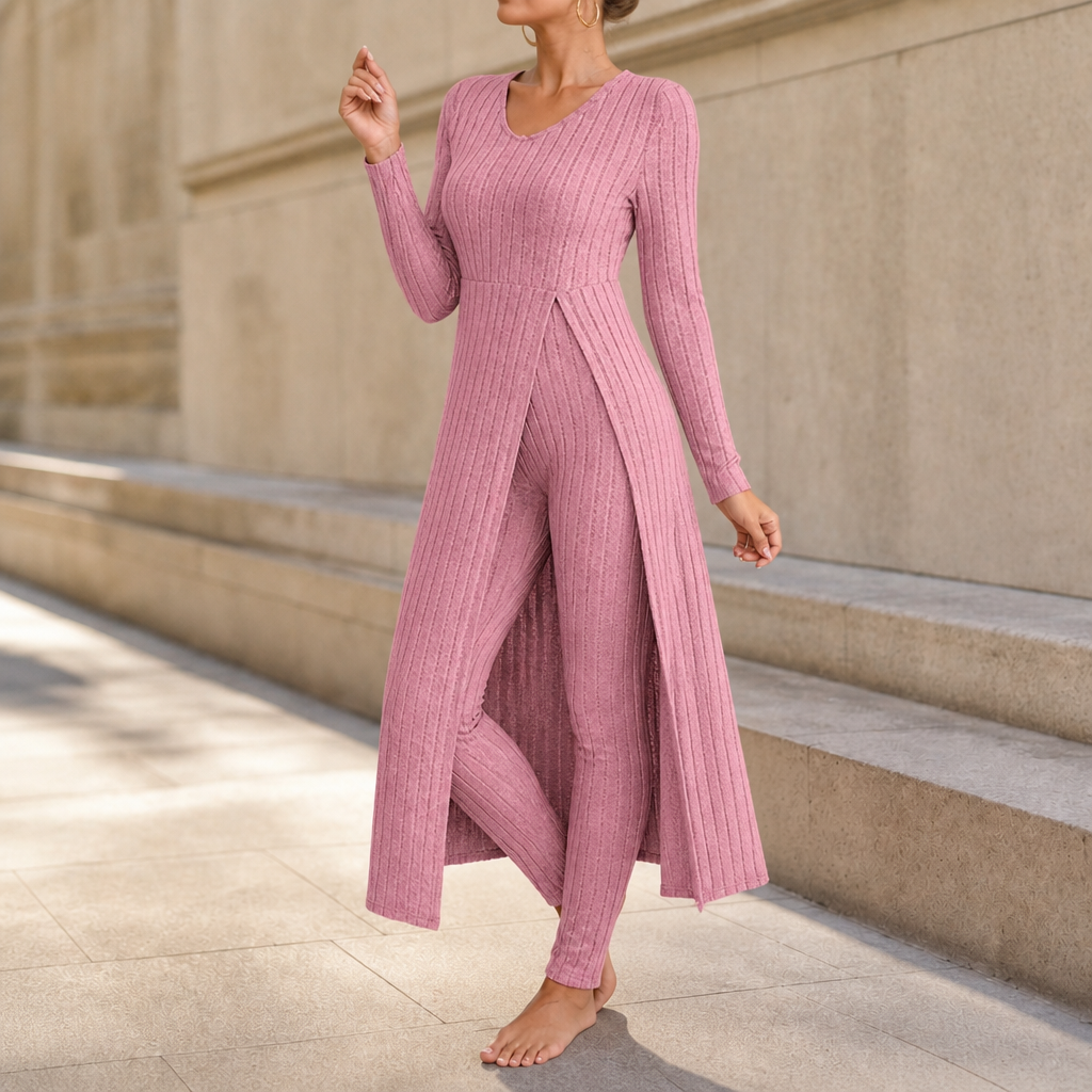 Wearbella – Ribbed Longline Top And Slim Pants Set